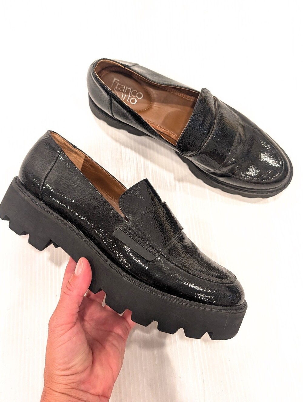 FRANCO SARTO Women's Black Patent Lug Sole Chunky Penny Loafers Size 9
